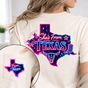 Shes From Texas cowgirl shirt design with glowing neon Texas outline and western icons