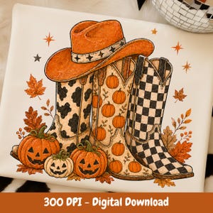 Cowboy-Stiefel-Karomuster für den Herbst (PNG), Western-Halloween-Kürbis-Shirt-Design, Cowgirl-Herbst-Digital-Download