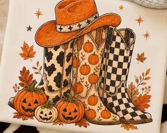 Cowboy Boots Checkered Fall PNG, Western Halloween Pumpkin Shirt Design, Cowgirl Autumn Digital Download