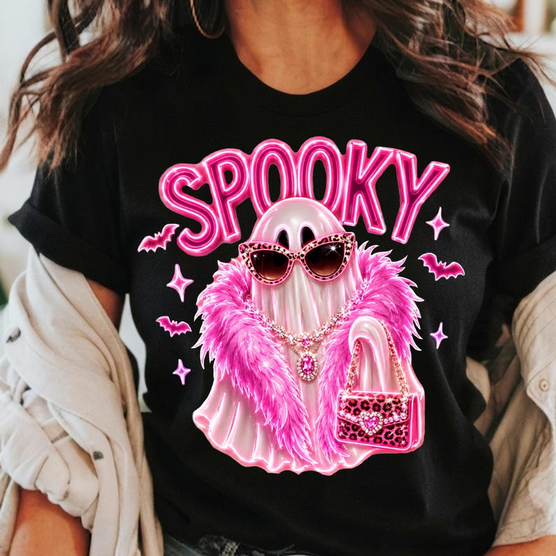 Spooky Glam Ghost PNG digital download with transparent background, fashionable ghost, leopard purse, and neon Halloween typography.