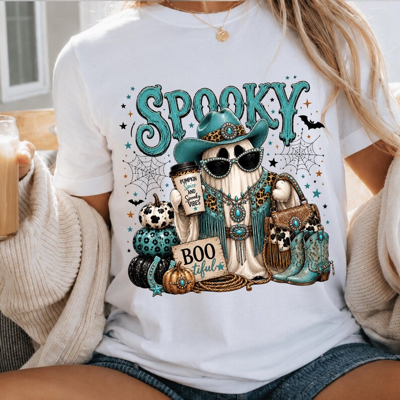 Spooky cowgirl sublimation design for Halloween shirts, sweatshirts, tote bags, tumblers, and boutique apparel featuring a glamorous western ghost and leopard accents.