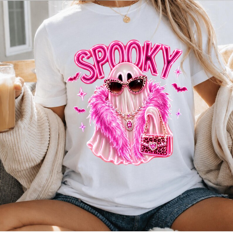 Preppy Glam Ghost PNG for Halloween shirts, sweatshirts, tumblers, tote bags, DTF transfers, and sublimation printing projects.