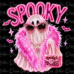 Halloween Glam Ghost PNG with pink feather boa, sparkling jewelry, leopard print sunglasses, and boutique Halloween fashion style.