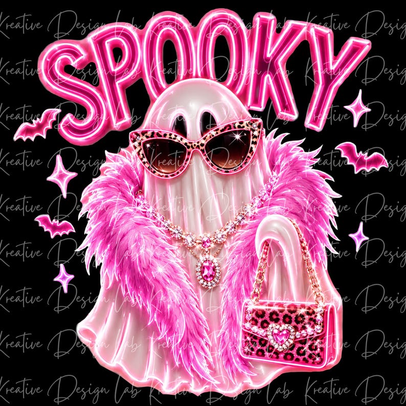 Halloween Glam Ghost PNG with pink feather boa, sparkling jewelry, leopard print sunglasses, and boutique Halloween fashion style.