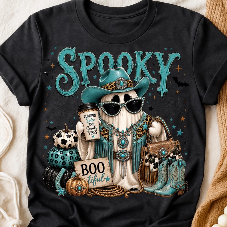 Glam cowgirl ghost artwork shown against a checkerboard transparency-style preview with turquoise western accessories, leopard print, pumpkins, boots, and Halloween decorations.