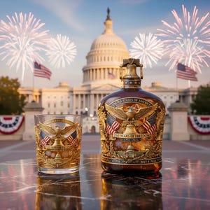 Puede incluir: Un juego decorativo de vaso y botella con detalles dorados, con un águila, banderas americanas y el texto "250 Years of Freedom 1776-2026". La botella y el vaso son marrones con adornos dorados. Fuegos artificiales y el Capitolio al fondo.