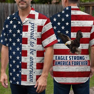 Patriotic American Flag Hawaiian Shirt, 4th of July Button Down, Eagle Print USA Shirt, Double Sided Summer Shirt for Men