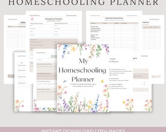 May include: A homeschool planner with a floral design, featuring the text "My Homeschooling Planner." The planner includes pages for emergency contacts, important documents, and online resources. The cover has a watercolor floral design.