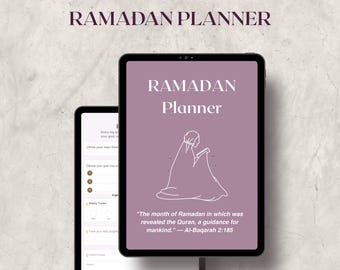 May include: Two digital tablets displaying a Ramadan Planner. The main tablet shows a purple cover with the title "Ramadan Planner" and a line drawing of a person reading. The text "Instant Digital Download Available" is at the bottom.