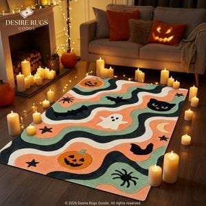May include: A rectangular area rug featuring a wavy pattern in shades of orange, sage green, and dark charcoal. The design includes repeating Halloween-themed motifs such as jack-o'-lanterns, black cats, ghosts, bats, spiders, stars, and moons.