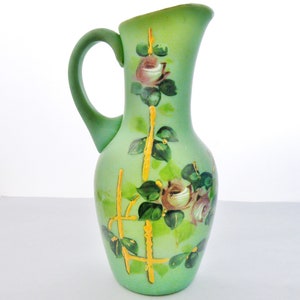 Vintage French Opaline Glass Pitcher: Enamel Pink Roses, Celadon Green