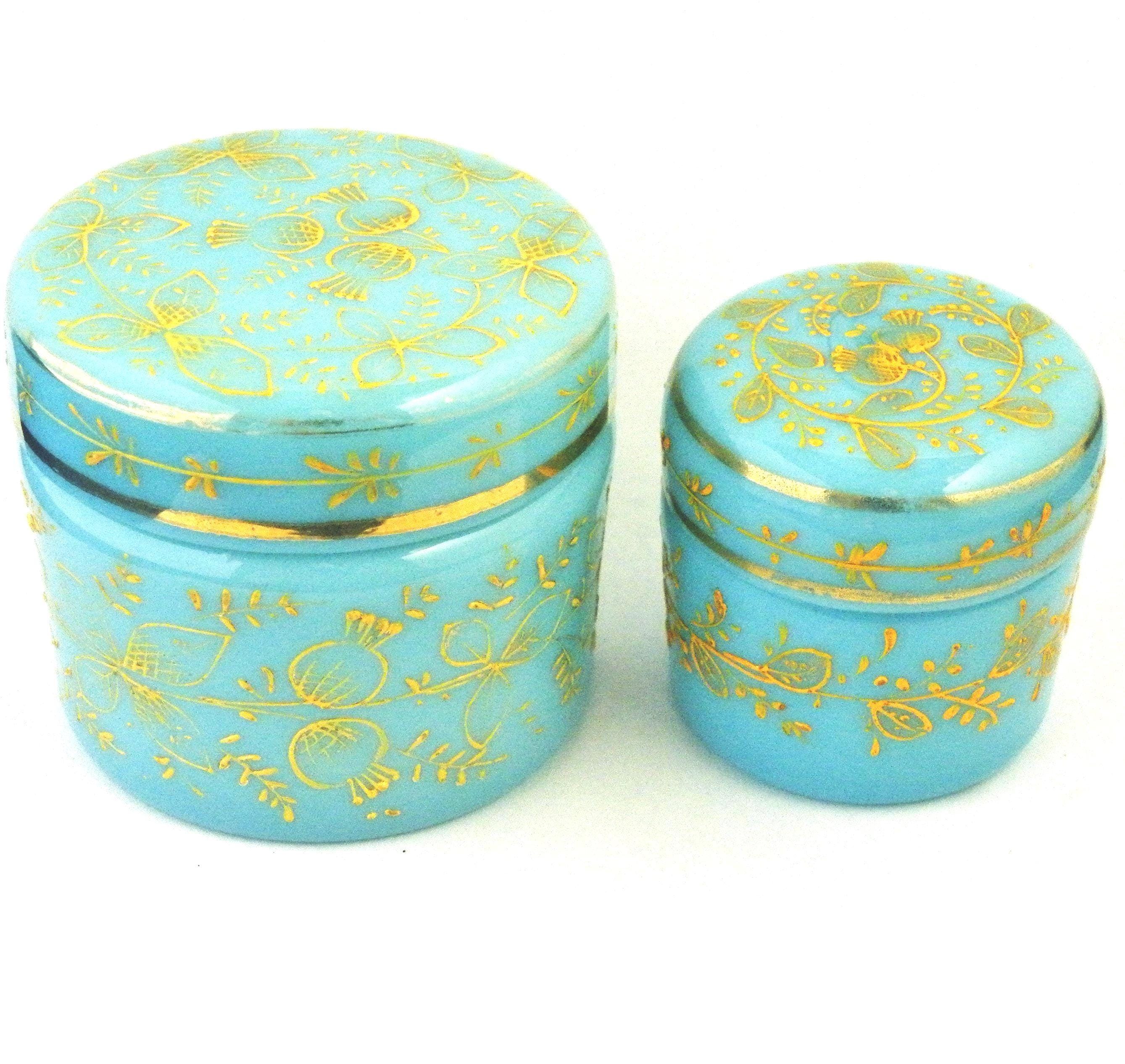Two Moser blue opaline glass dresser boxes, vintage Bohemian jars with gold enamel