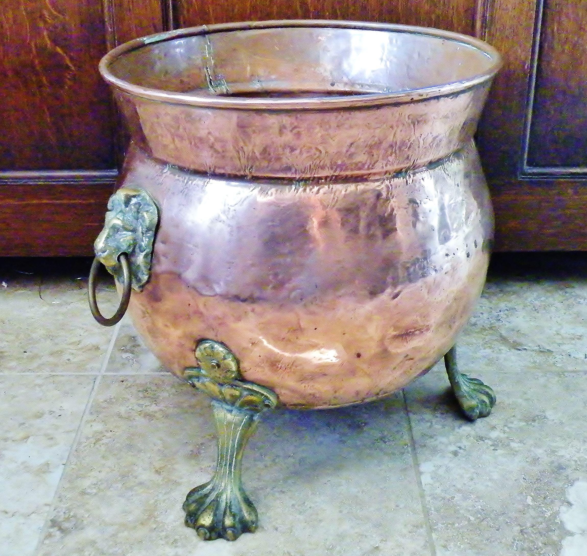 English antique copper coal or log cauldron, very large vintage planter circa 1890, lion masks and paw feet