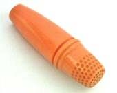 Vintage coral bakelite sewing etui,thimble,spool and needle case