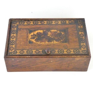 Antique Tunbridge ware wooden box , English vintage Victorian era.