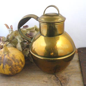 May include: A vintage brass pitcher with a lid and handle. The pitcher has a rounded body and a shiny, golden finish. A small pumpkin and dried flowers are next to the pitcher on a wooden surface.