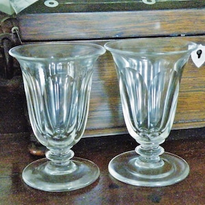 Antique pair wine glasses petal panel cut short stem , vintage dram glasses.