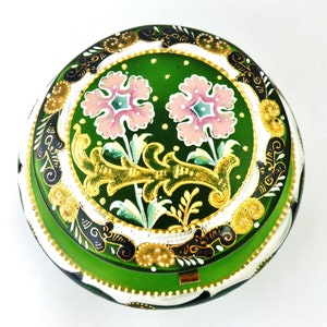 Vintage Moser glass box, green Bohemian Czech hinged vanity jar ,pink flower enamel gilded , perfect condition