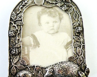 Vintage photo frame Silver Scenes hedgehogs and blackberry, early example