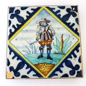 Antique Delft tile trivet, Makkum Tichelaar 17th century style polychrome man