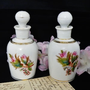 French perfume bottles pair in antique Paris porcelain , floral vintage vanity