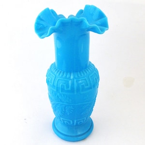Vintage French vase Portieux Vallerysthal ,vintage turquoise blue glass, greek key design