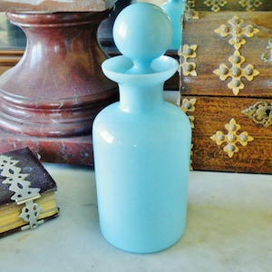 Portieux Vallerysthal bottle, French opaline glass perfume decanter in turquoise blue