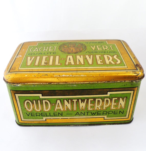 large tobacco tin Vintage Belgian Tin, Vieil Anvers Tobacconist Shop Box, Old Antwerp Advertising Container Widely Applied Size Details Polar Bear Tobacco Bin •