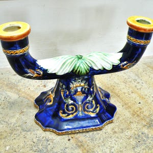Vintage French Gien faience candelabra renaissance style double candle holder