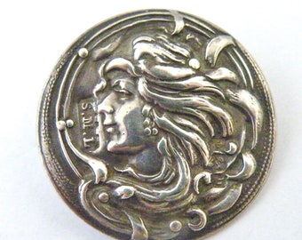 Art nouveau sterling silver button lady 1901