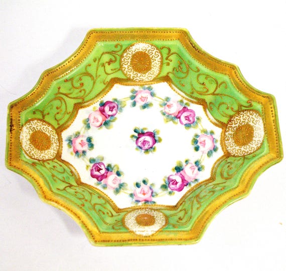 Vintage Noritake Porcelain Dish: Green Pink Rosebud Decor
