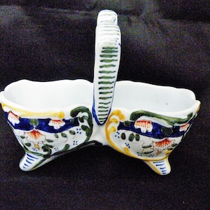 Antique French Faience Desvres old Rouen condiment pot basket handle Geo Martel
