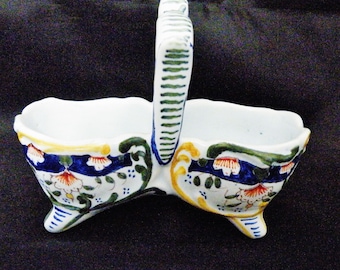 Antique French Faience Desvres old Rouen condiment pot basket handle Geo Martel