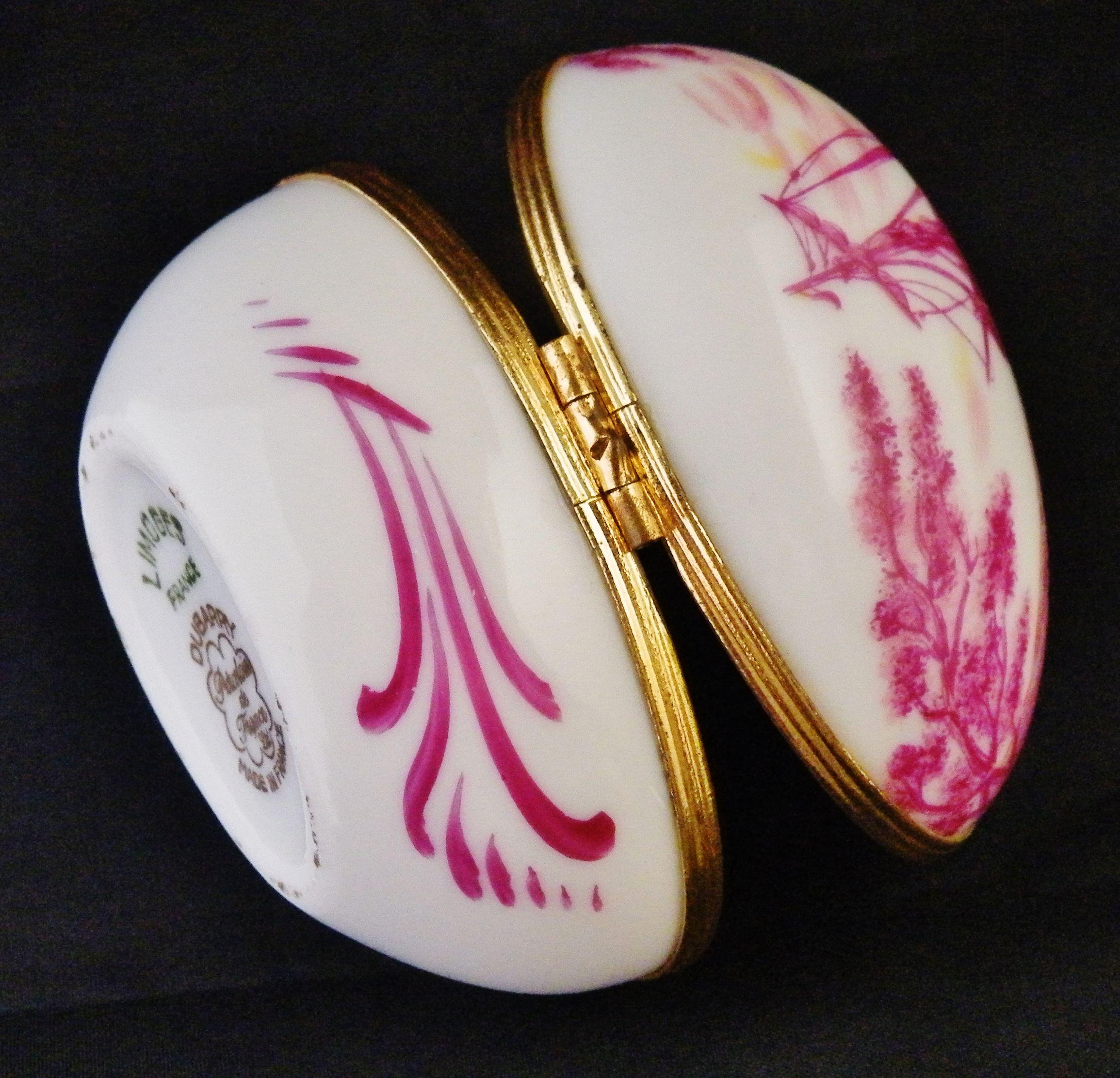 ヴィンテージのリモージュ磁器製卵型小物入れ、フランスのピンクの