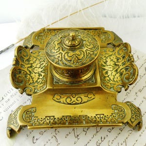 Antique French brass inkwell , vintage 19th century desk standish with pen trays