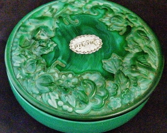 Art deco Czech Bohemian malachite glass box, Curt Schlevogt cherubs Ingrid, original label