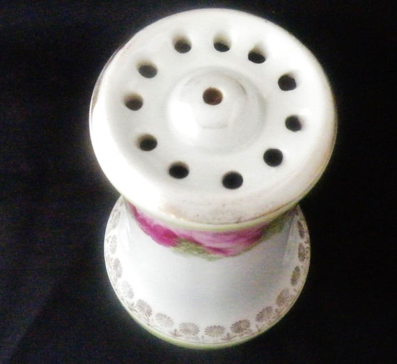 Antique ceramic hat pin holder pink roses - image 3
