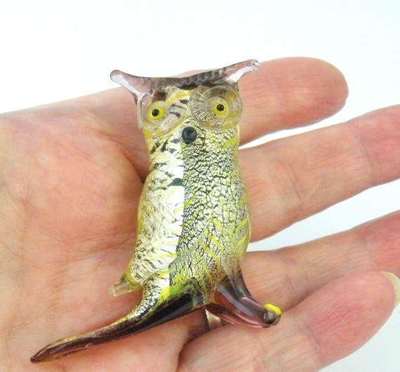 ムラーノガラスのフクロウ、銀箔ソメルソ製ベネチアンアートガラスの