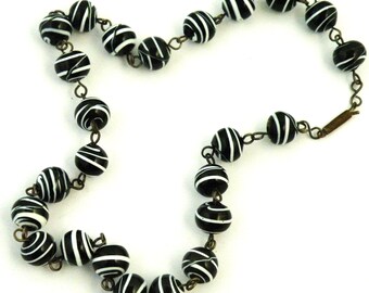 Victorian bead necklace Black and white faux banded agate ,spiral wound glass on brass wires.