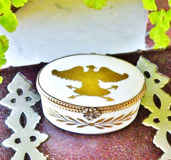 ヴィンテージのリモージュ小物入れ。フランス帝国の鷲、ナポレオンの