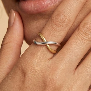 Tweekleurige crossover-ring, S925 sterlingzilver verguld, verstelbare open ring, minimalistische sierlijke ring voor vrouwen