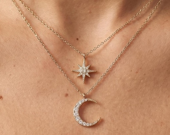 S925 Silver Moon Star Layered Necklace, Celestial Jewelry, Dainty Crystal Pendant, Charm Necklace, Gift for Her