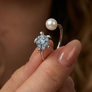 Sea Schildkröte Perlenring S925 Silber | Verstellbarer zierlicher Ocean Ring | Unikate Silber Ring | Niedliches Boho Schmuck Geschenk