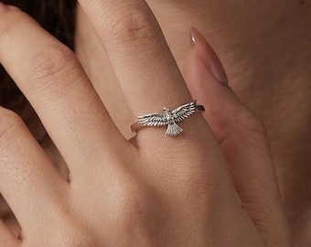 S925 Silver Eagle Ring | Adjustable Bird Wing Ring | Gothic Vintage Statement Ring | Unique Handmade Silver Ring | Cool Thumb Ring Gift