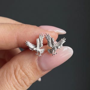 May include: A pair of silver-toned stud earrings shaped like eagles in flight with wings spread wide. The metal features detailed feather textures and a polished finish, capturing the birds in a dynamic pose with talons extended downward.