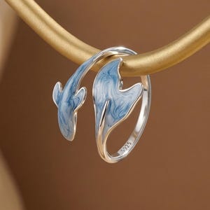 Anillo de cola de ballena de plata de ley 925 / Anillo de océano con esmalte azul / Anillo ajustable / Anillo único y delicado para mujer