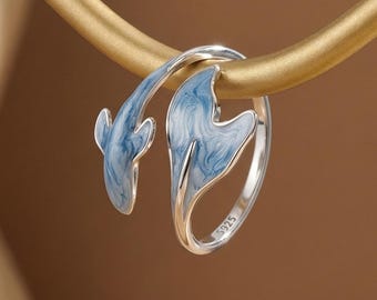 Anillo de cola de ballena de plata de ley 925 / Anillo de océano con esmalte azul / Anillo ajustable / Anillo único y delicado para mujer