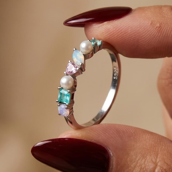Multi Stone Ring, Colorful Opal Ring, S925 Silver Pearl Ring, Dainty Stackable Ring, Birthstone Statement Ring, Promise Gemstone Ring