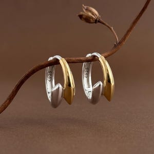 Puede incluir: Un par de pendientes de aro bicolor con una banda interior de color plateado pulido y una capa exterior de color dorado liso. Cada pendiente tiene grabado el texto S925 en la superficie interior, indicando su composición de plata de ley.