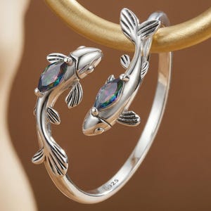 Bague Poissons | Bague zodiaque en argent sterling S925, bague poisson mystique avec pierres précieuses, bague vintage réglable, bijoux astrologie uniques